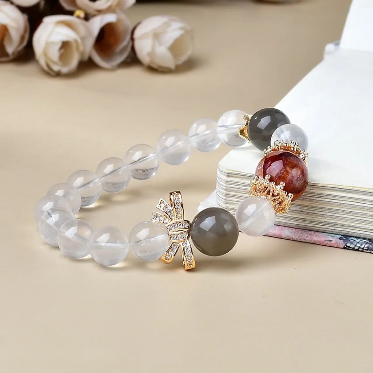 

Milk White Crystal Red Glue Flower Silver Moonlight Bracelet Light Luxury Fashion Women's Lucky Bracelet