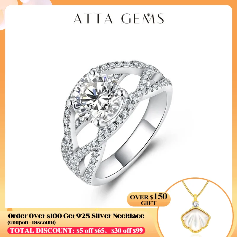 

ATTAGEMS 925 Sterling Silver Round Excellent Cut 2.0CT Moissanite Rings For Women Pass Diamond Test Luxury Jewelry Wedding Gift