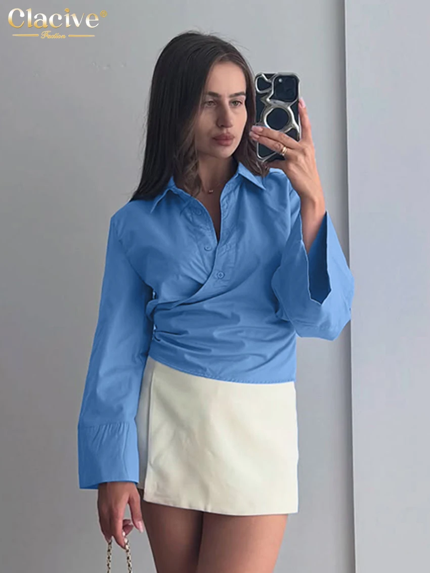 

Clacive Fashion Loose Blue Women's Shirt 2026 Casual Lapel Long Sleeve Lady Blouse Elegant Classic Solid Top Female Clothing