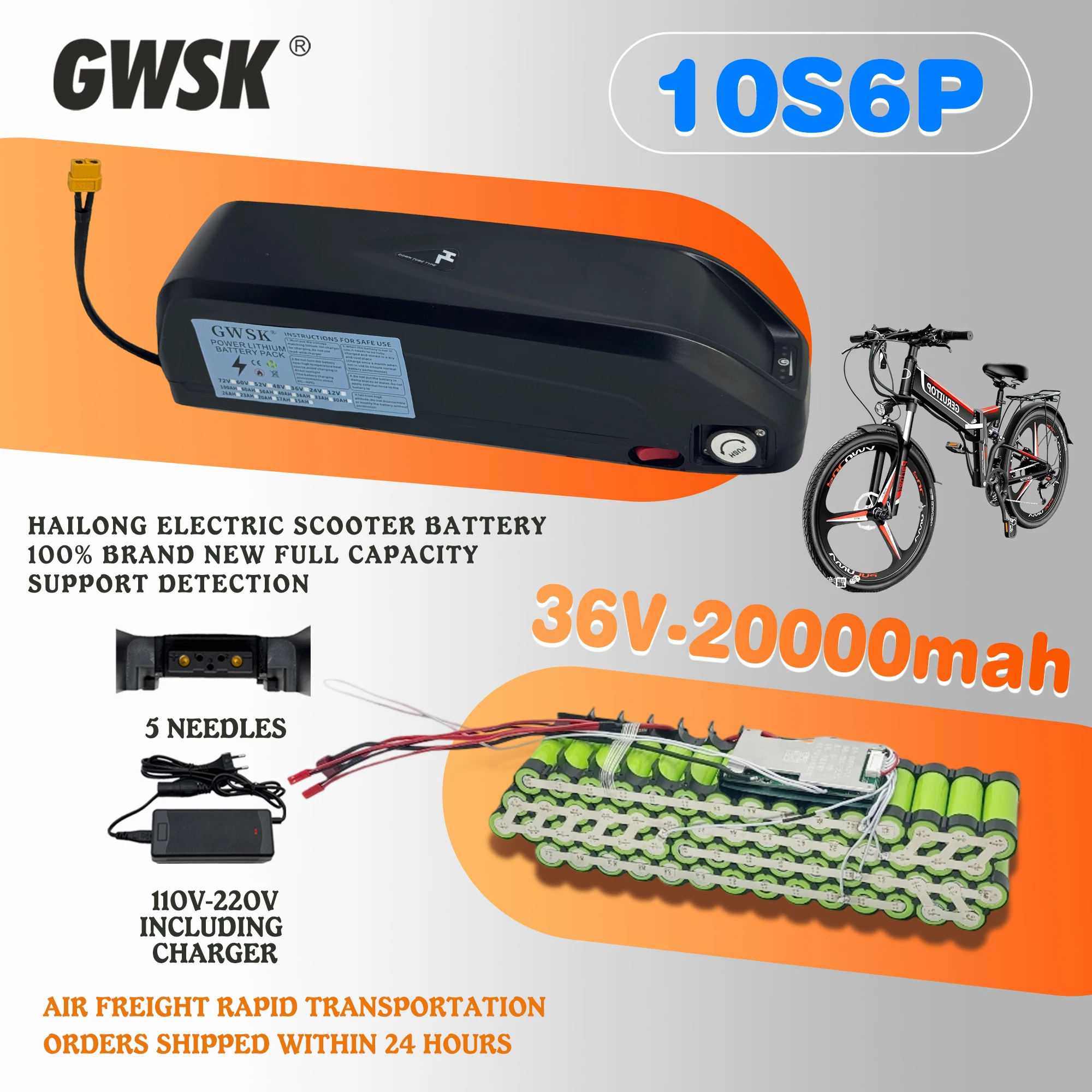 

5-pin Hailong battery, air fast transportation, 100% full capacity, 36V 20AH lithium battery pack, suitable for 250-3000W