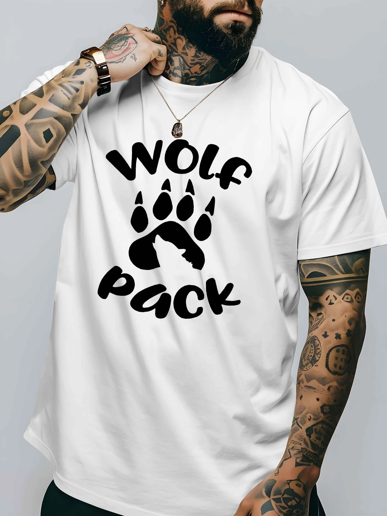 Wolf Pack Paw Silhouette Graphic Mens Crew Neck T Shirt Wild Animal Letter Print Short Sleeve Casual Cotton Daily Summer Tops