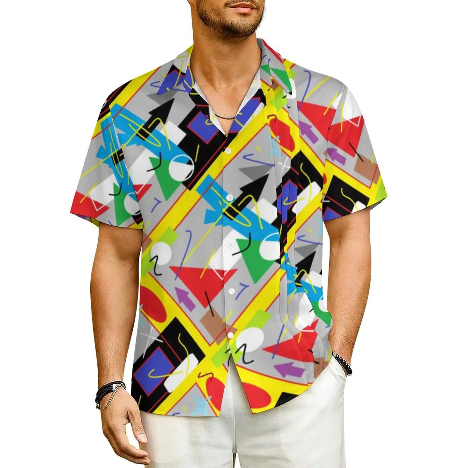 

Гавайская пляжная рубашка с абстрактным геометрическим принтом, Свободные повседневные рубашки с забавным художественным принтом, Мужской Воздухопроницаемый Топ оверсайз с коротким рукавом