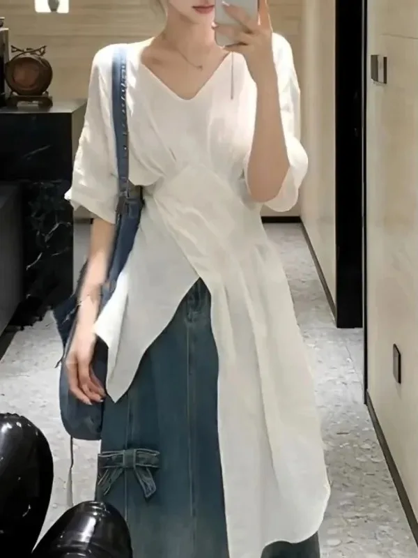 

White V-Neck Loose Fit Women's Shirt Slimming Waist Design Commute Style Korean Lazy Fashion Summer Large Size Top