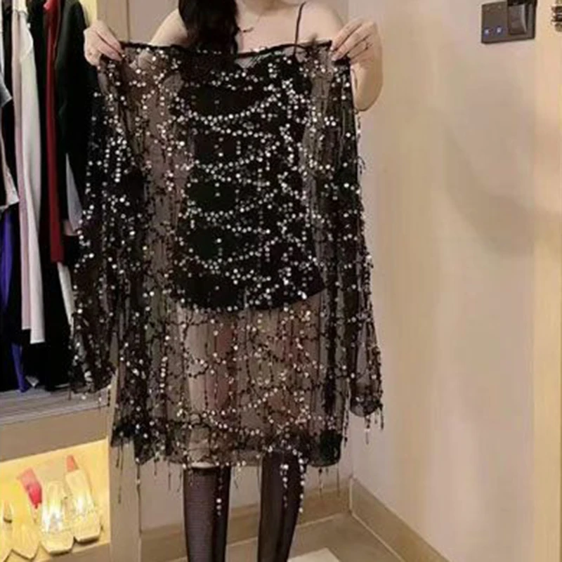 

Fringed sequined T-shirt women's 2024 summer fashion loose long-sleeved mesh plus size coat jacket nightclub sexy lace shirt