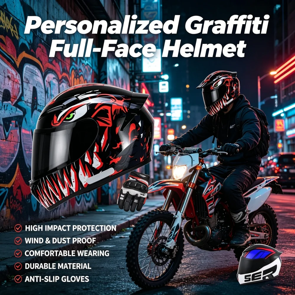 Integralhelm für Motorräder, personalisiertes Graffiti-Design, belüftet, stoßfest, für Motocross, Straßenmotorräder und Roller