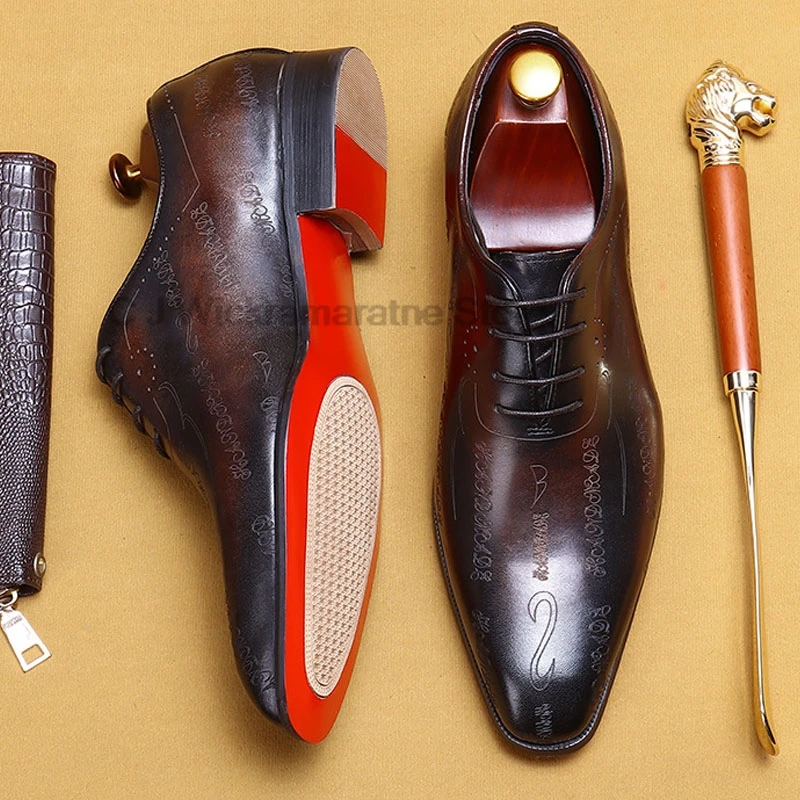 HKDQ-Oxfords marron en cuir de vache pour hommes, chaussures provoqué pointues faites à la main pour mariage, chaussures formelles de bureau d'affaires à lacets