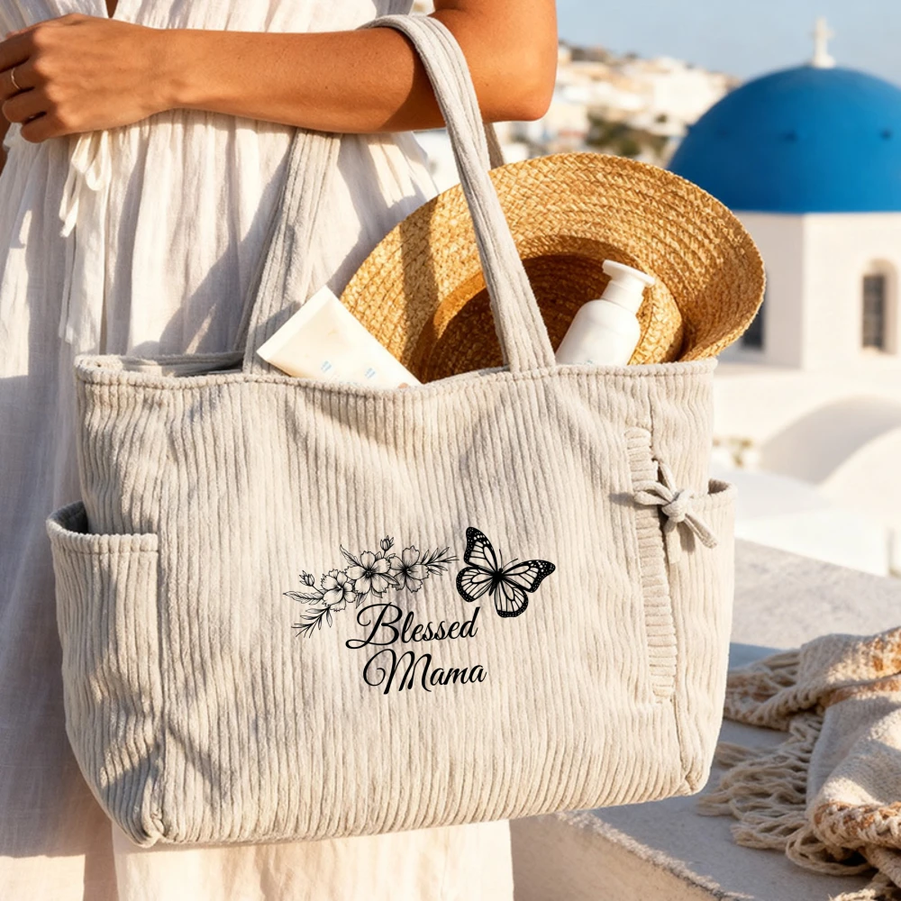 

Вельветовая сумка-тоут с боковыми карманами, большая сумка через плечо с бабочками, идеальный подарок на День матери для мамы, повседневная сумка для мамы.