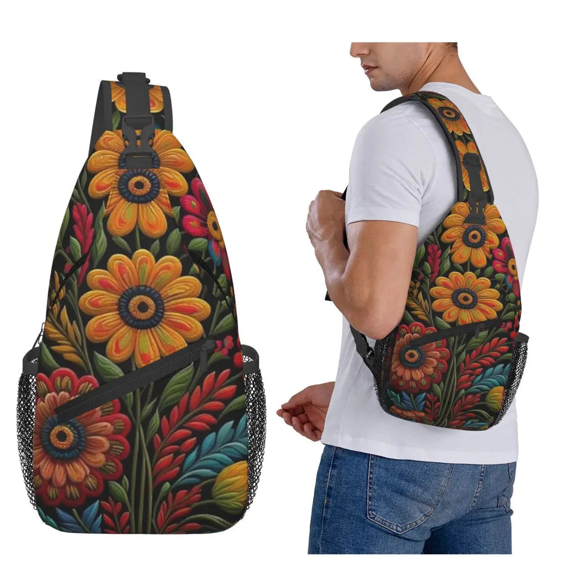 

Colourful Floral Mexican Flowers Chest Bag Men Sling Crossbody Backpack Chest Bag Traveling Hiking Daypack Shoulder Bag