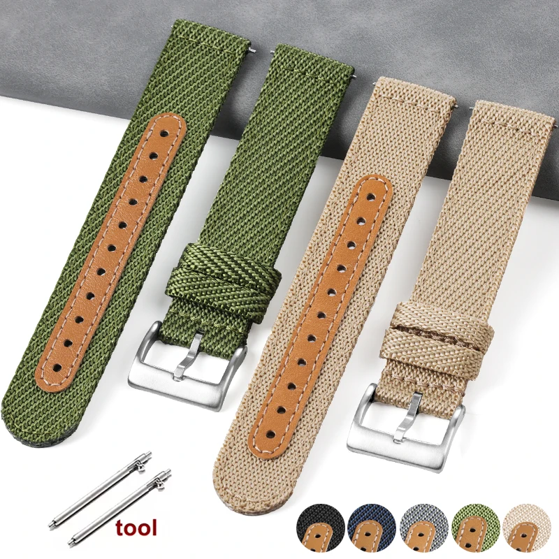 Premium Canvas-Uhrenarmband, 18 mm, 20 mm, 22 mm, robustes Nylonband, Lederverstärkung, Militär-Sportarmband für Smartwatches