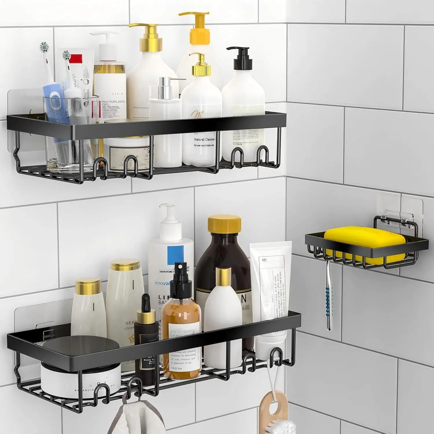 

3-Pack Shower Caddy with Soap Holder, No-Drill Adhesive Wall Shelves, Rustproof Black Bathroom Storage Organizer