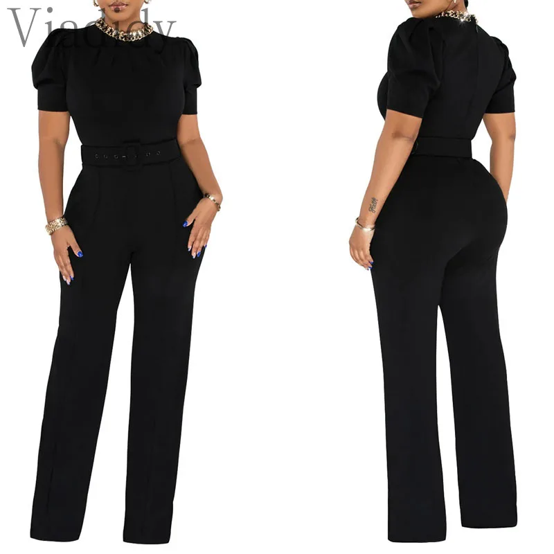 Women Solid Color Chain Decor Mock Neck Short Sleeve High Waist Straight Jumpsuit With Belt