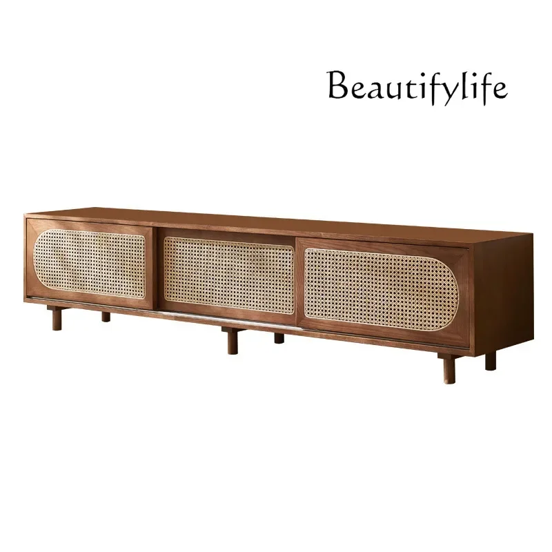 

Retro silent wind rattan solid wood TV cabinet small apartment living room audio-visual cabinet