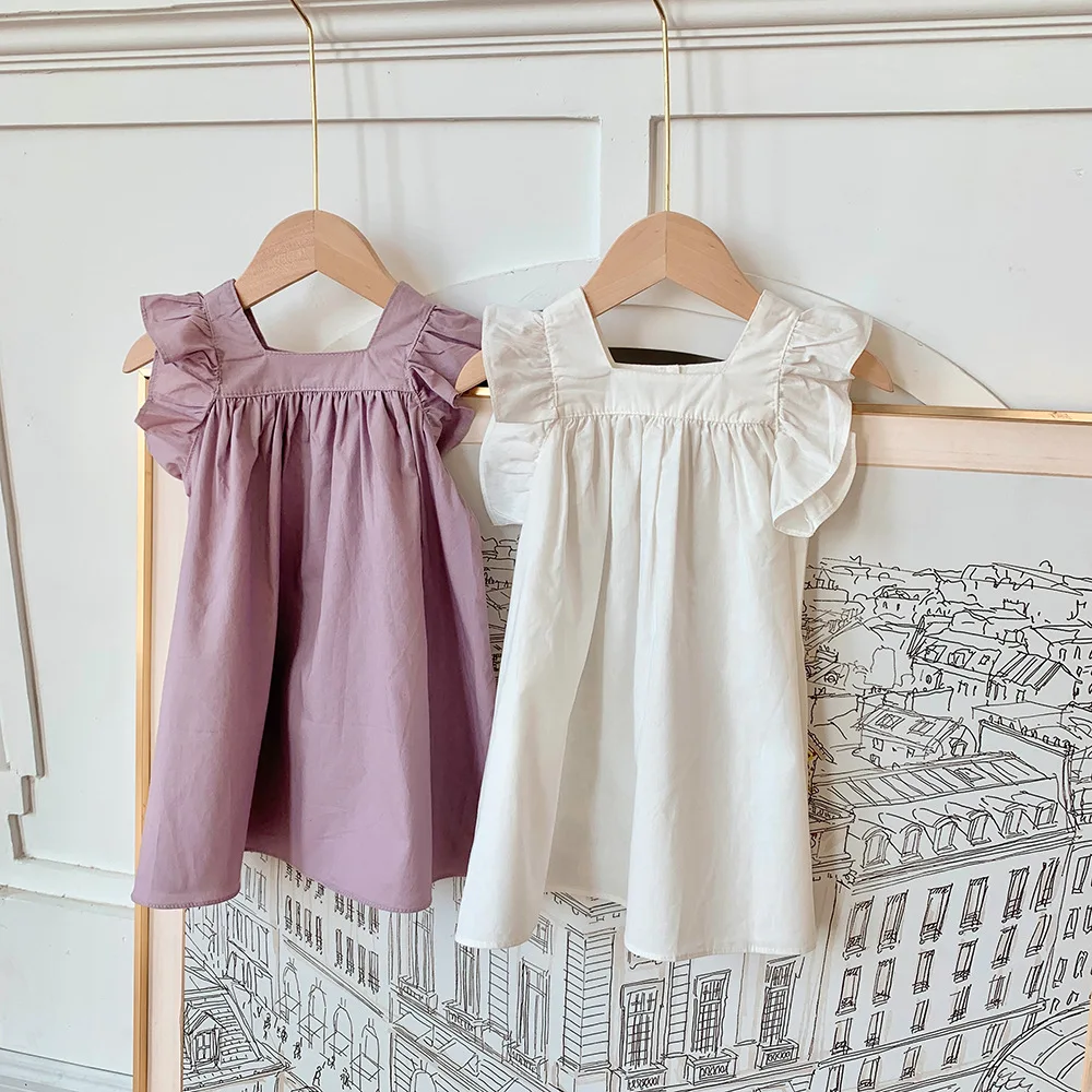 

Summer Baby Girls Stylish Cotton Plain Button Back Ruffle A-Line Princess Dresses School Kids Sweet Skirt Children Outfit 1-10Yr