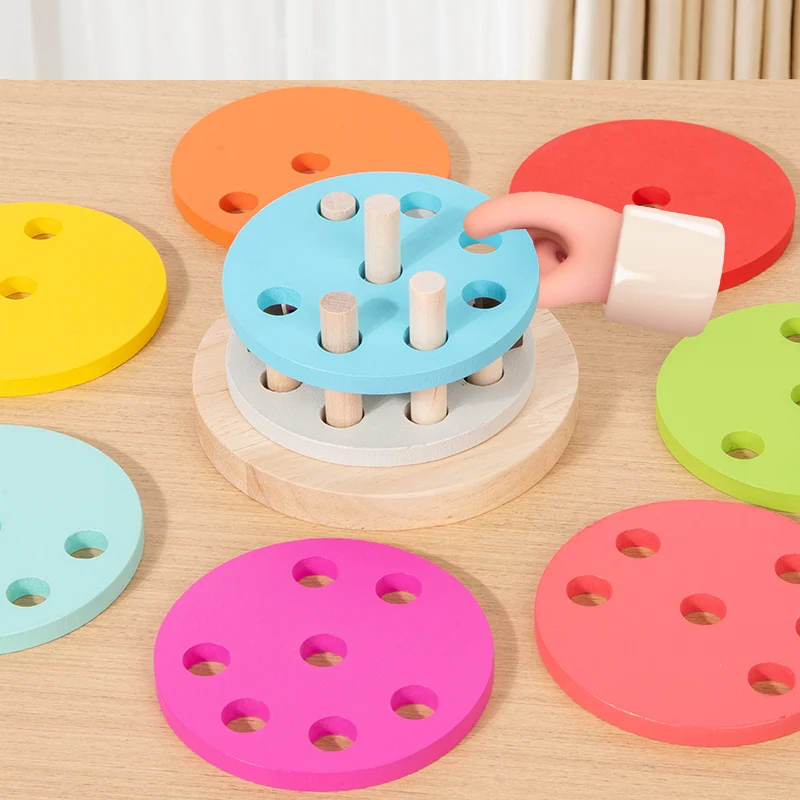 子供用木製レインボータワーおもちゃ - カラーセットピラー、カラフルなシリンダー、手と目の協調運動と知能開発