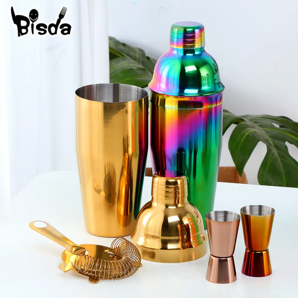 750ml Stainless Steel Boston Cocktail Set Shaker Wine Pourers Gold Bar Tool Set With Strainer Measure Cup Bartender