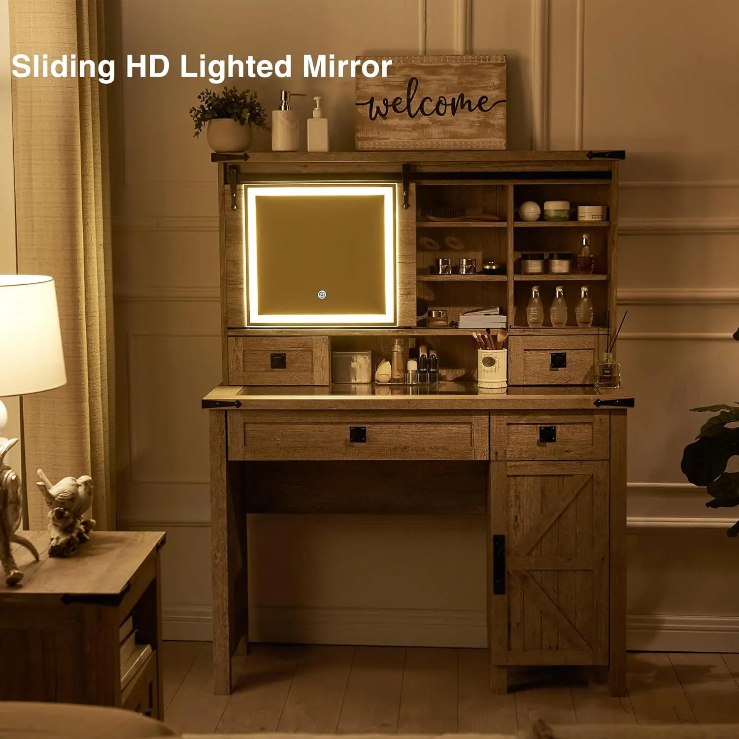 ファームハウス風化粧台、スライド式ミラーとライト付き、42インチガラス天板、2つの引き出しと棚付き、素朴なB