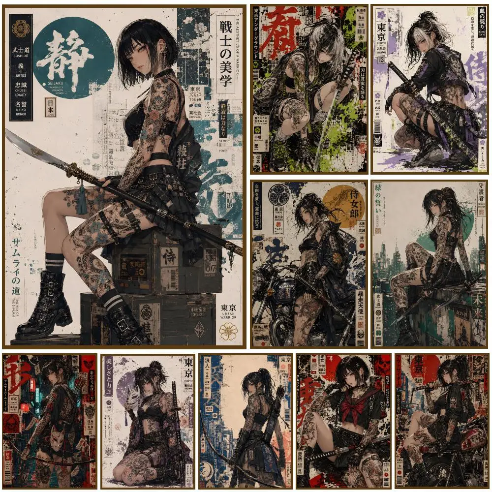 Cyber Samurai Girl Collage Anime Poster Selbstklebend Hochwertiger Ästhetischer Druck Papier Wandkunst für Wohnzimmer Heimdekoration