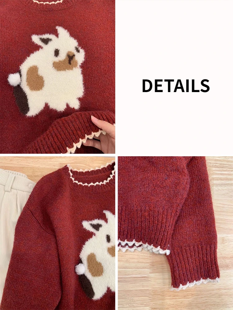 Red Knitted Pullovers Women Loose Festivals Leisure O-neck Lovely Sweet Y2k Vintage Cartoon Sweaters Ulzzang All-match Ins Hot