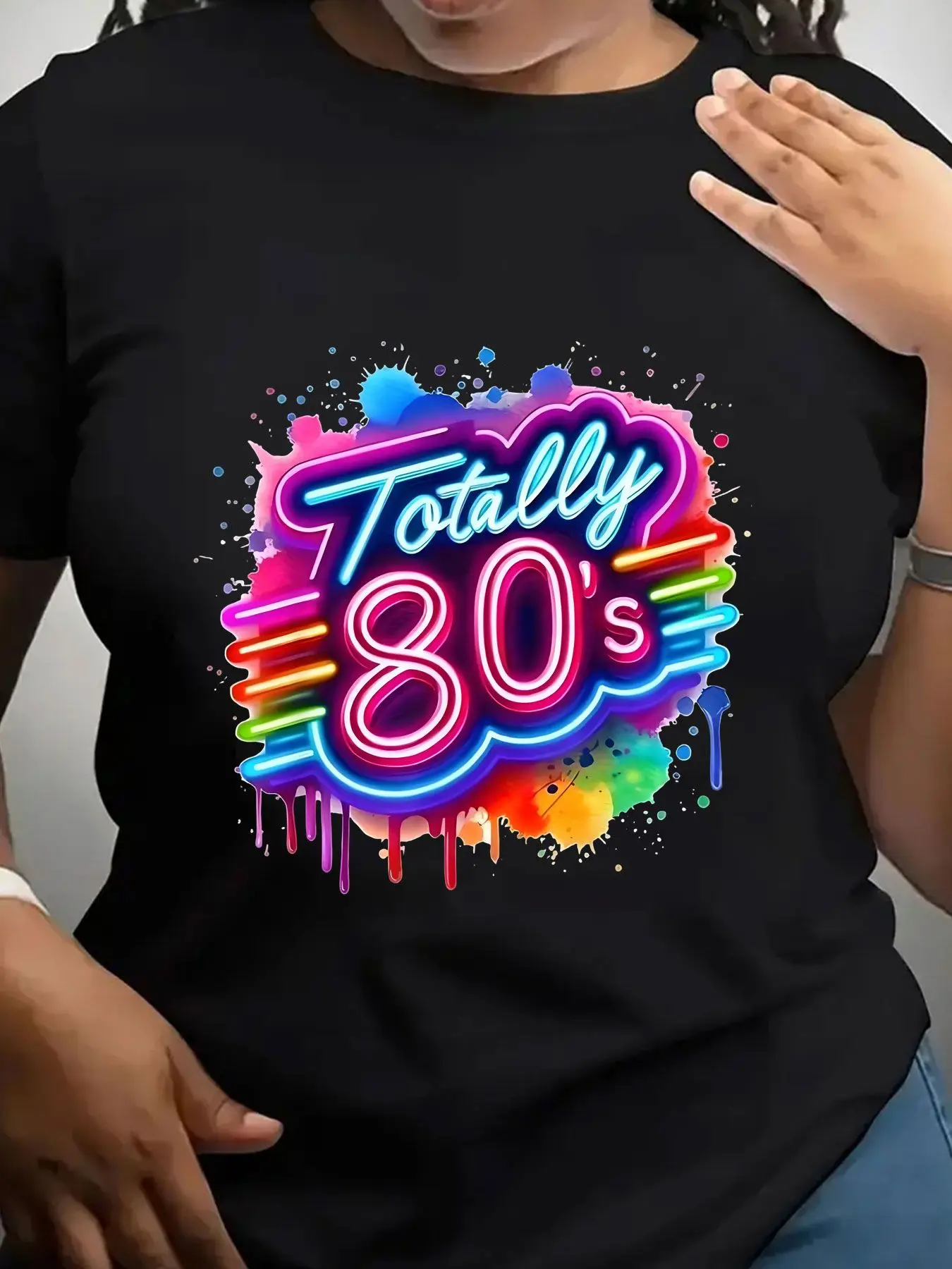 Women's Trendy Crew Neck T-Shirt Totally 80S Neon Splash Design Suitable for Casual Sportswear