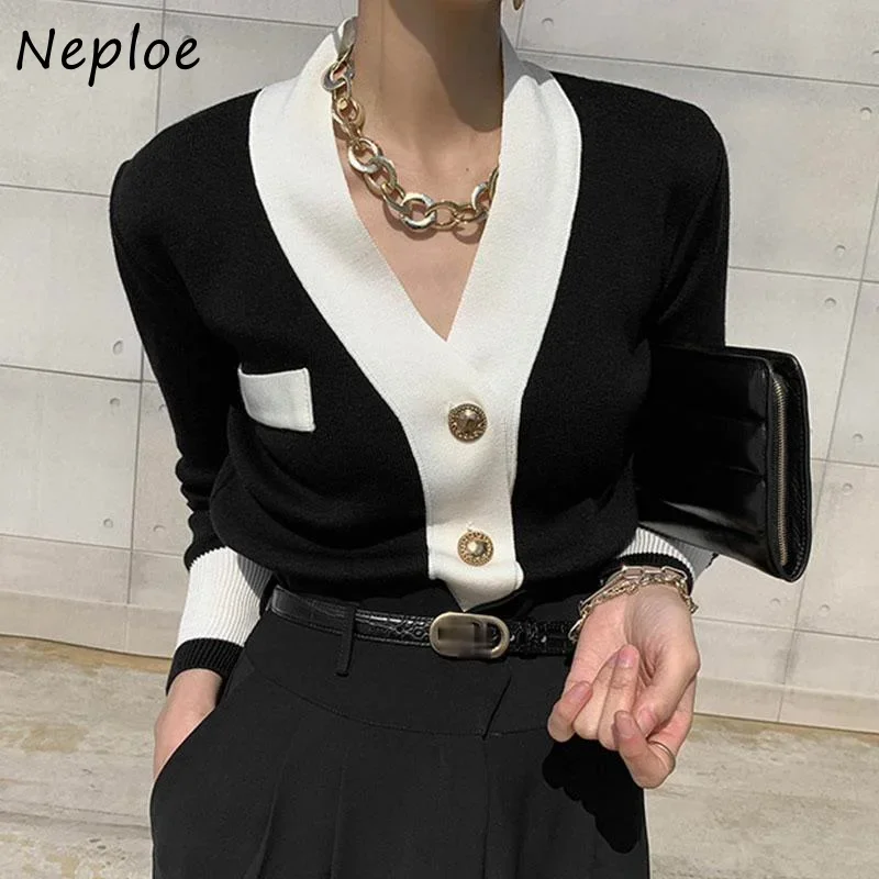 Neploe Hit Color Patchwork Knit Pullover Sweater Women V Neck Long Sleeve Pull Femme Spring 2024 New Ol Sueter Feminino