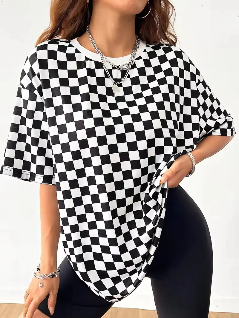 Classic Fashion Women's Sporty Checkered T-Shirt - Black & White Contrast Short Sleeve Top Breathable Round Neck Casual T-Shirts
