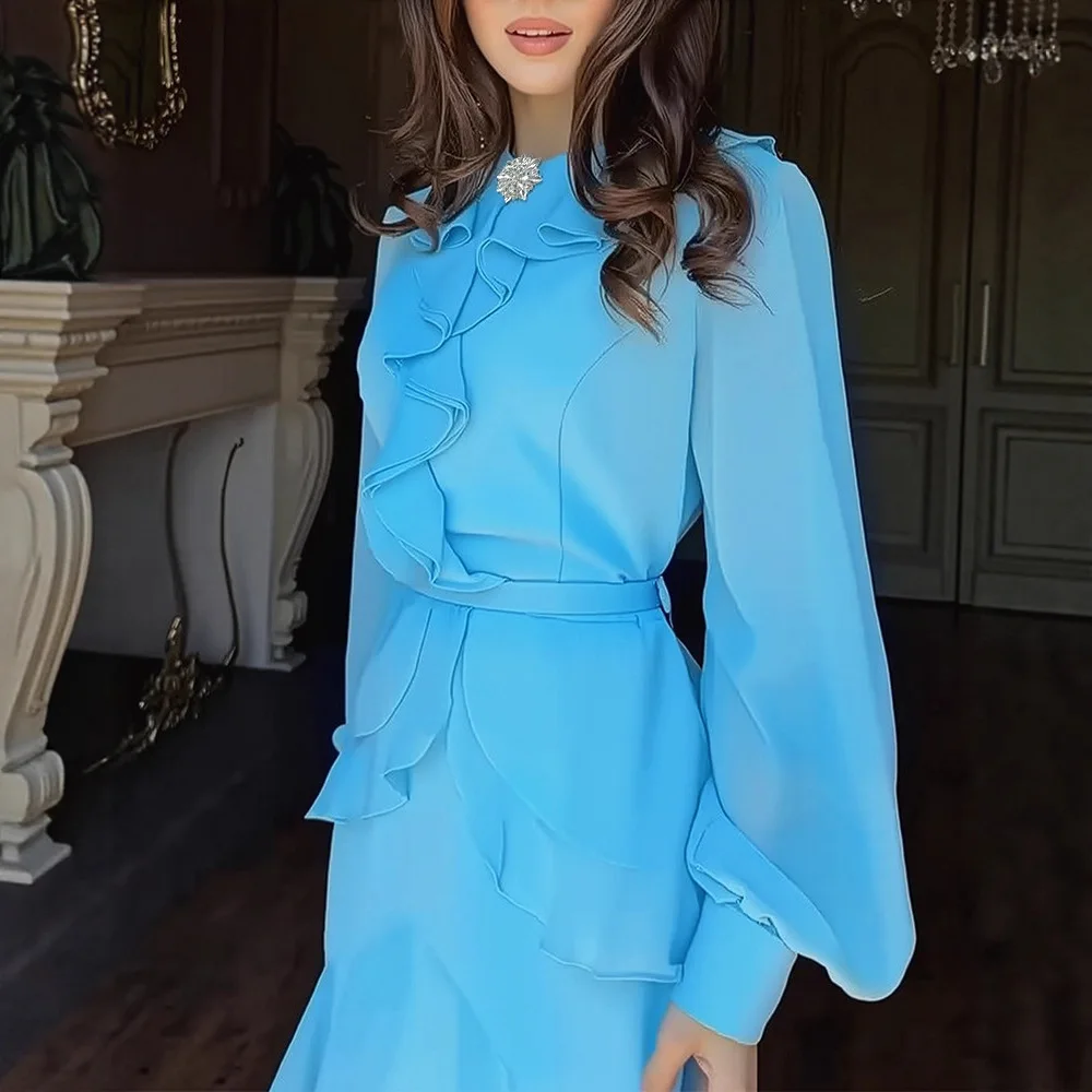 Estilo francês strass em torno do pescoço lanterna manga assimétrico vestido com zíper voltar em camadas plissado chiffon vestido de noite com cinto