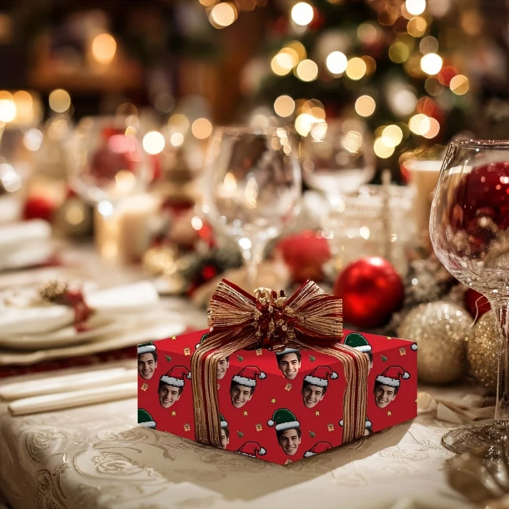 5 Sheets Customized Face Christmas Wrapping Paper, Personalized Elf Santa Hat Festive Gift Wrap Unique Merry Xmas Present Wrap view 2