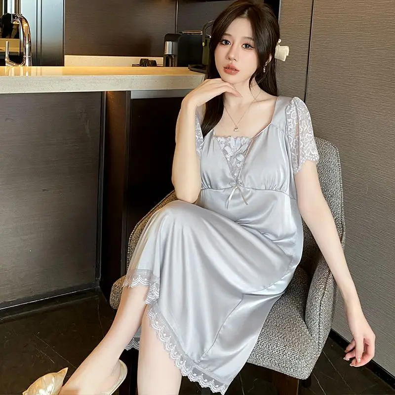 

Summer Ice Silk Pajamas Women's Thin Cool Nightdresses Comfortable Casual Sleepshirts Short Sleeve V-neck Plus Size Loungewear