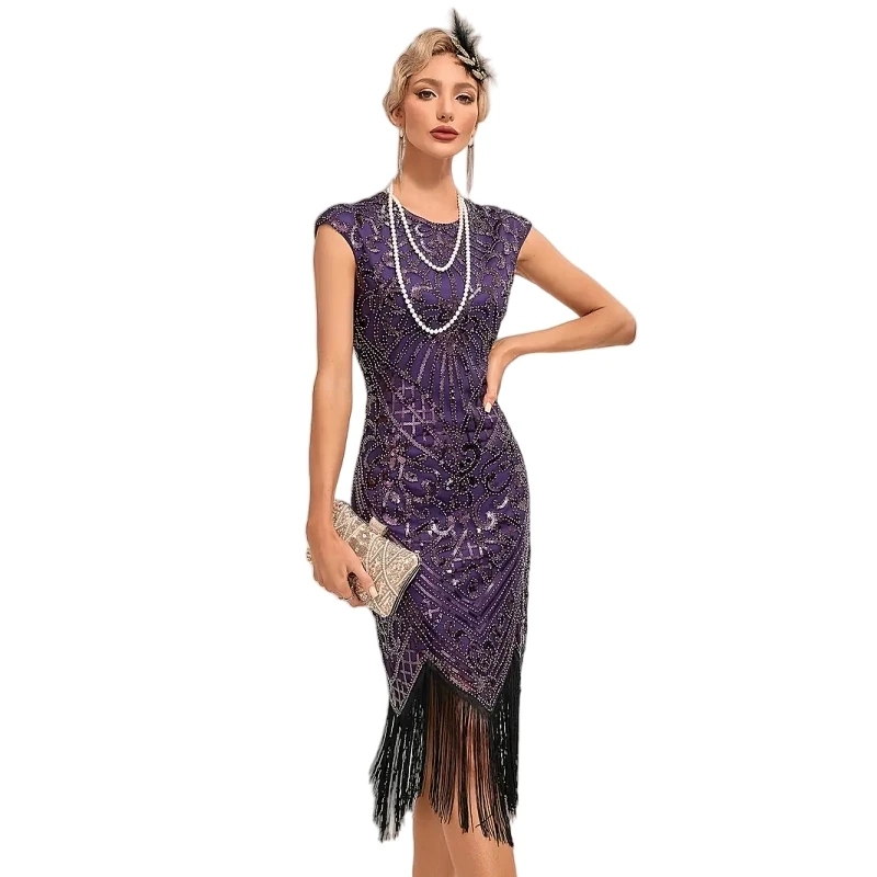 Women's Cap Sleeve Flapper Dresses 1920s Great Gatsby Dresses Sequin Fringed Roaring 20s Party Cocktail Dress