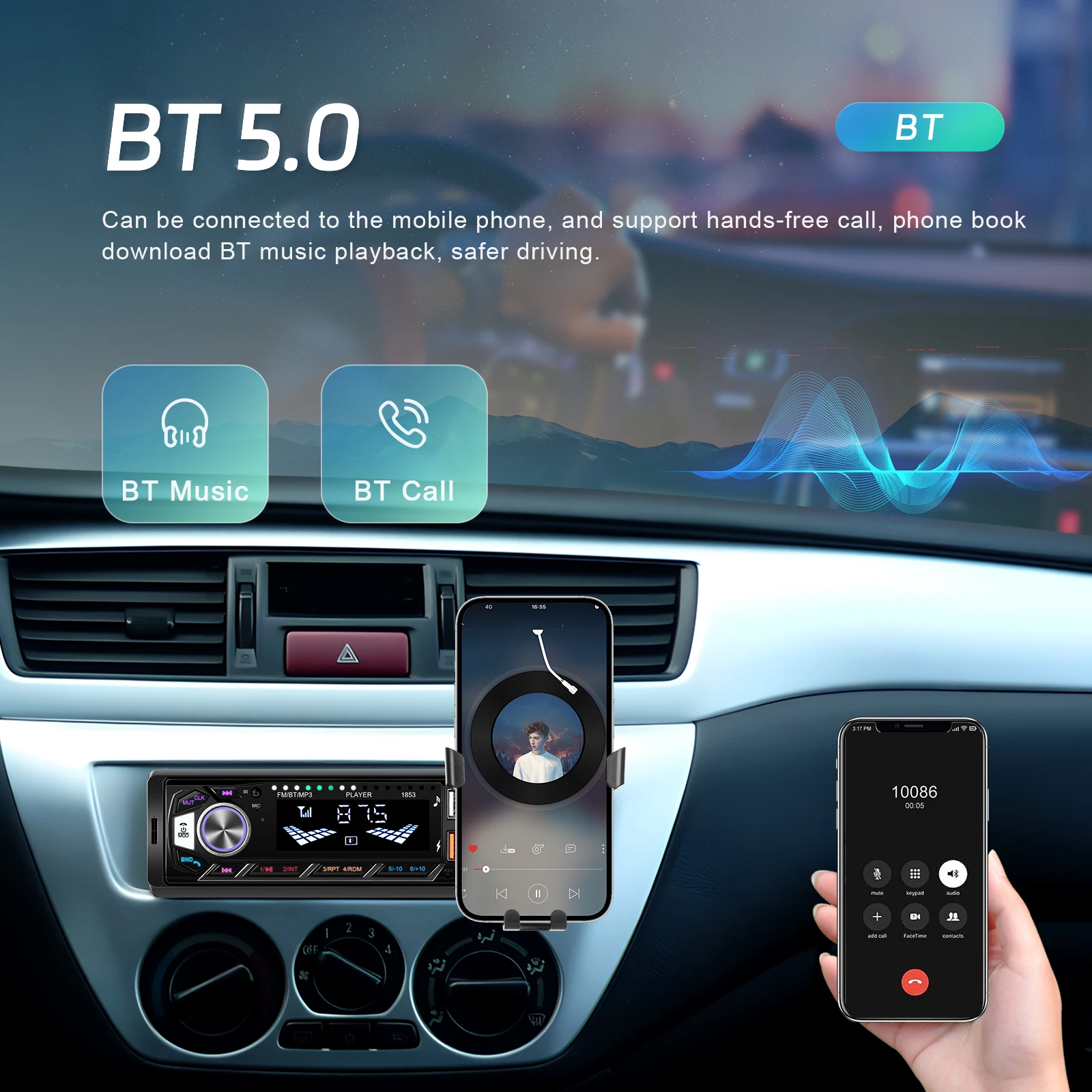Podofo Auto 1din Audio Radio Bluetooth Stereo MP3-Player FM-Empfänger unterstützt Telefonaufladung AUX/USB/TF-Karte mit Telefonhalterung – Detail 5