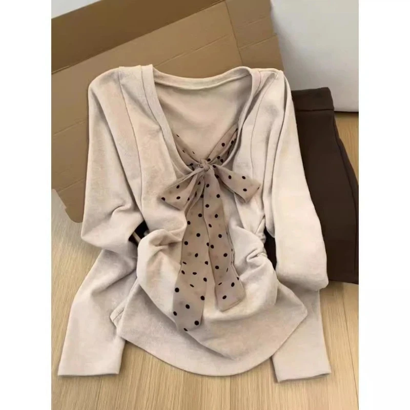 Polka Dot Bow Lacing Long Sleeve Sweet Tops Women Clothing Long Sleeve Slim Temperament T Shirts Fashion Korean Spring Autumn