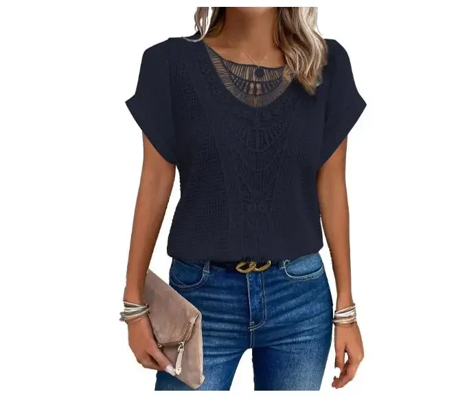 Fashion Lace Stitching T-shirt For Women's Tops Summer Casual Round Neck Office Ladies Clothes Short-sleeved Loose Tees Women