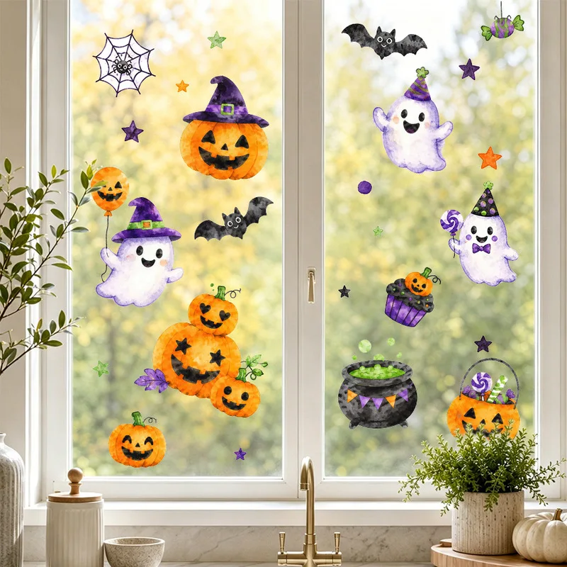 Halloween High Grade Watercolor Ghost Witch Hat Bat Static Glass Decal, Window Sticker, Cute Spooky Shop Window Scene Decor