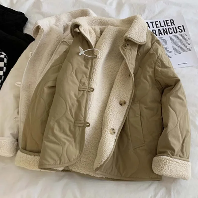 

Khaki Color Two Faced Lamb Cashmere Cotton Jacket Popular for Women in Autumn Winter Small Stature 2024 New Loose Popular Style