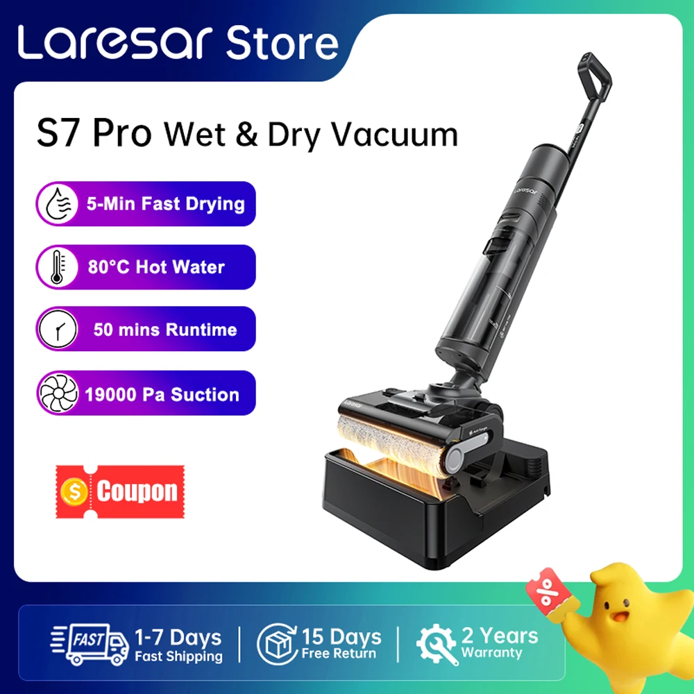 Image of Laresar S7 Pro Kabelloser Nass-Trocken-Staubsauger mit Wischfunktion 19000Pa Heißwasserreinigung 80 ° C Schnelltrocknender Selbstreinigender 50-Minuten-Betriebszeit All-in-One Bodenreiniger