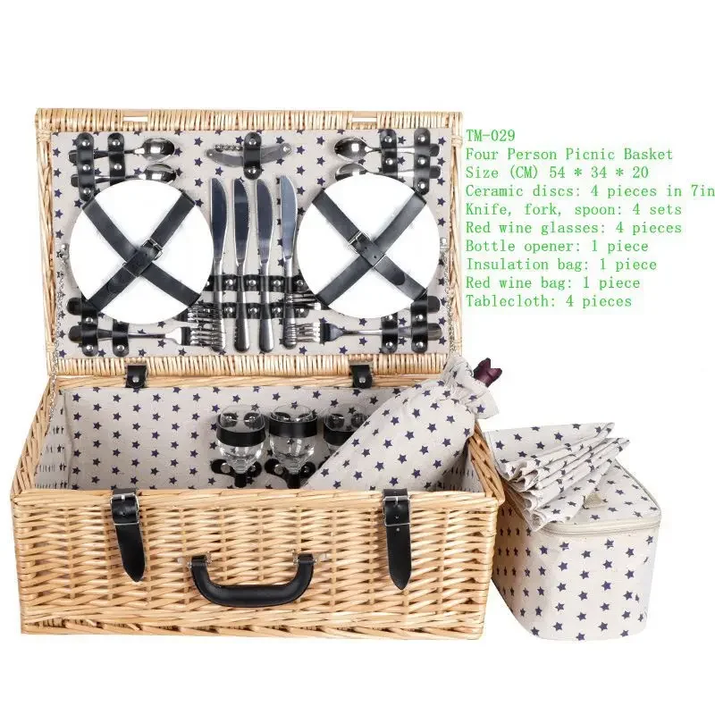 Home Outdoor Outing Vine Weaving Tableware Fruit Blue Insulated Bag with Cover Gift Basket Couple Camping Picnic Basket