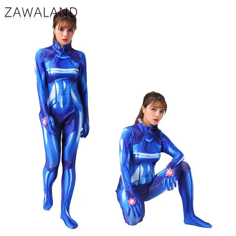 Cosplay Kostüm Halloween 3D Digitaldruck Metroid Samus Null Cosplay Zentai Langarm Fitness Blau Sexy Body für Erwachsene