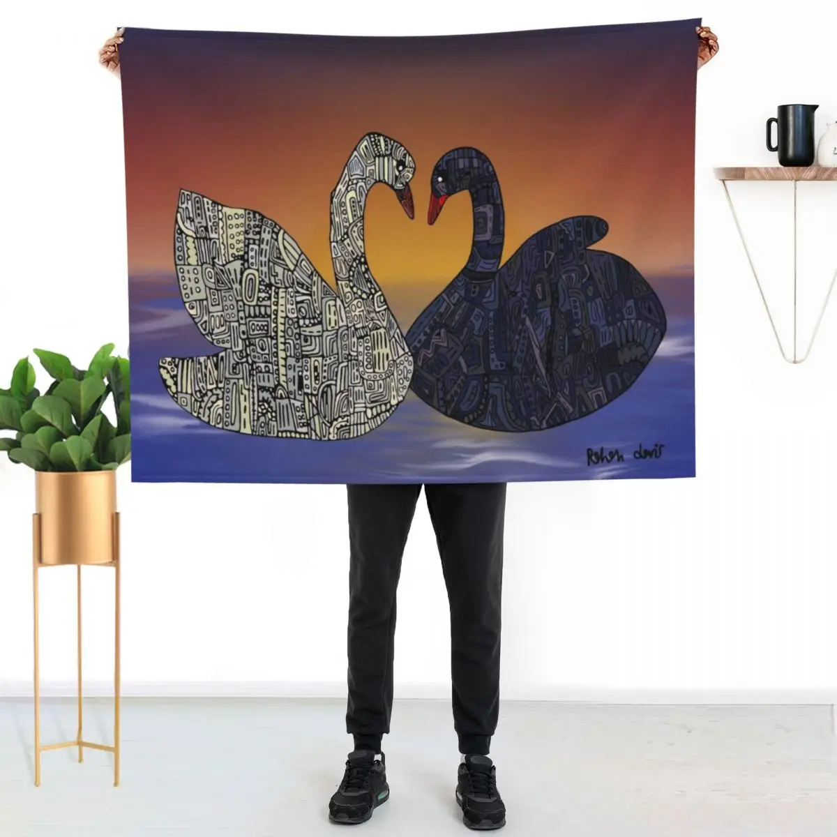 Robot Swans Throw Blanket christmas gifts decorative Flannel Fabric Custom Furry Winter beds Blankets