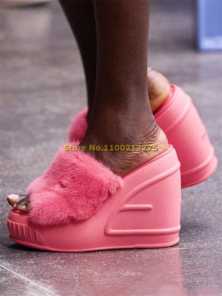 

Fur Platform Wedges Women Slippers Open Toe Muffin Thick Heel Slip On High Heel Summer 2024 Slides Runway Dress Shoes