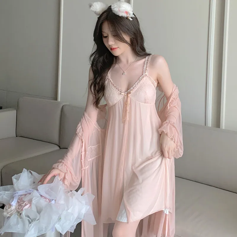 Bride Women Twinset Robe Set Summer Kimono Nightgown Sleep Suit Sexy Lace Sleepwear Bathrobe Gown Mesh Home Lounge Wear