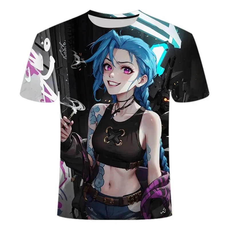 Moda Hip Hop Anime 3D drukuj mężczyźni kobiety koszulka Arcane ligi Jinx wykresach O-neck krótki rękaw Top letnie ubrania Streetwear w stylu Casual