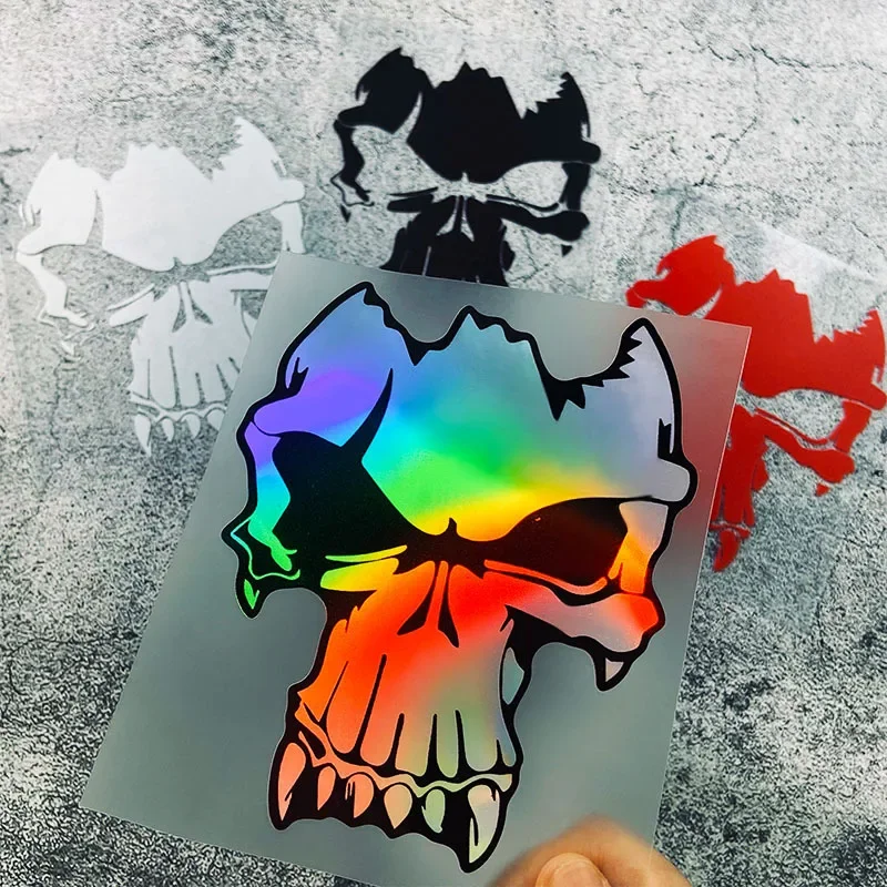 2D Flat Gothic Viking Skull Sticker, Waterproof Laser Gradient Vinyl Decal,Removable Self-Adhesive for Motorcycle Helmet Scooter