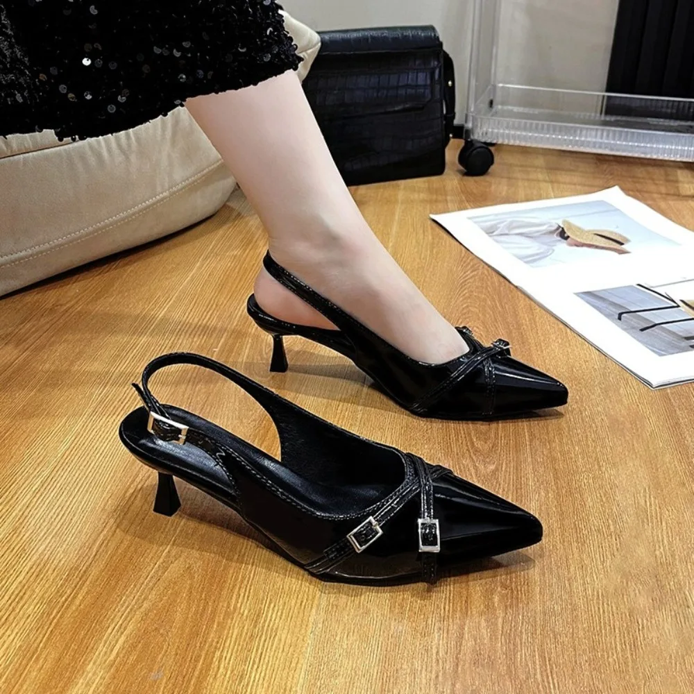 Modische Spitze Pumps mit Flachem Ausschnitt Neue Hochhackige Schuhe Sommer Elegante Stiletto-Schuhe mit Schnallendekoration Schwarze Damenschuhe – Detail 4