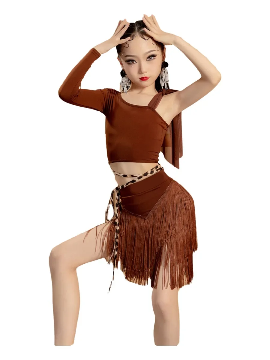 

Бальный латинский коричневый топ с леопардовым принтом, юбка для девочек, американский танец, румба, ча-ча, самба, танго, костюм для соревнований, практика детей