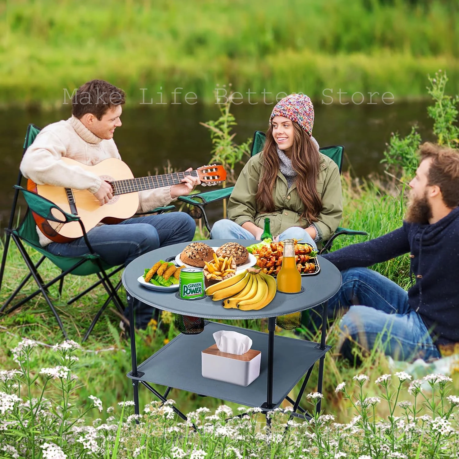 Camping Table Folding Compact Beach Table with Large Storage Organizer Carrying Bags Ultralight with Light Pole