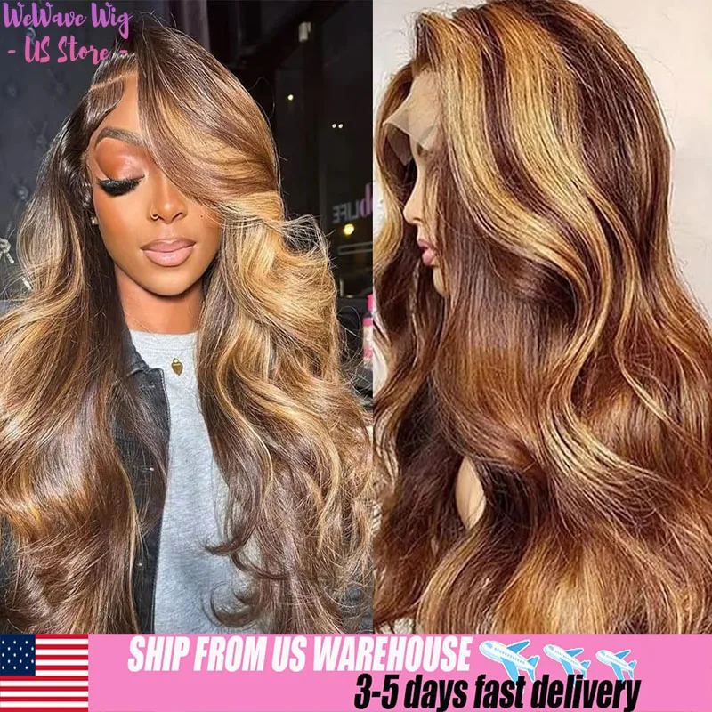 วิกผมลอนบอดี้เวฟสี 4/27 ไฮไลท์ ผมแท้ 13x6 วิกผมหน้าผากลูกไม้ HD ความหนาแน่น 200% พร้อมผมเบบี้แฮร์แบบตัดสำเร็จรูป สำหรับผู้หญิง