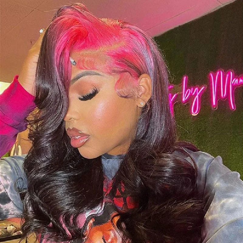 

Omber Pink 1B Colored Human Hair Wig 13X4 Lace Frontal Wig Transparent Remy Body Wave Wig Human Hair For Women Brazilian
