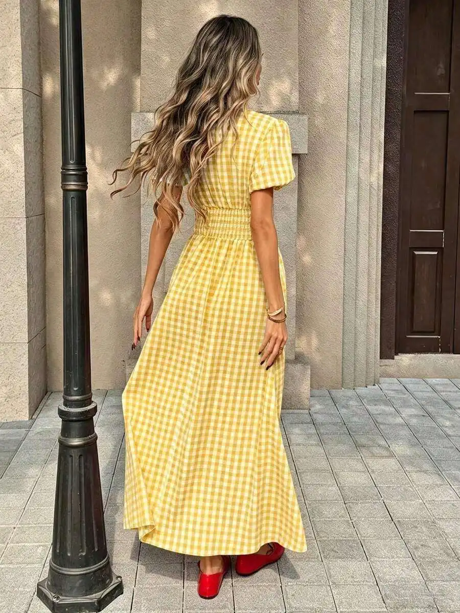 

Women Yellow Plaid V-Neck Puff Sleeve Cinched Waist Midi Swing Dress