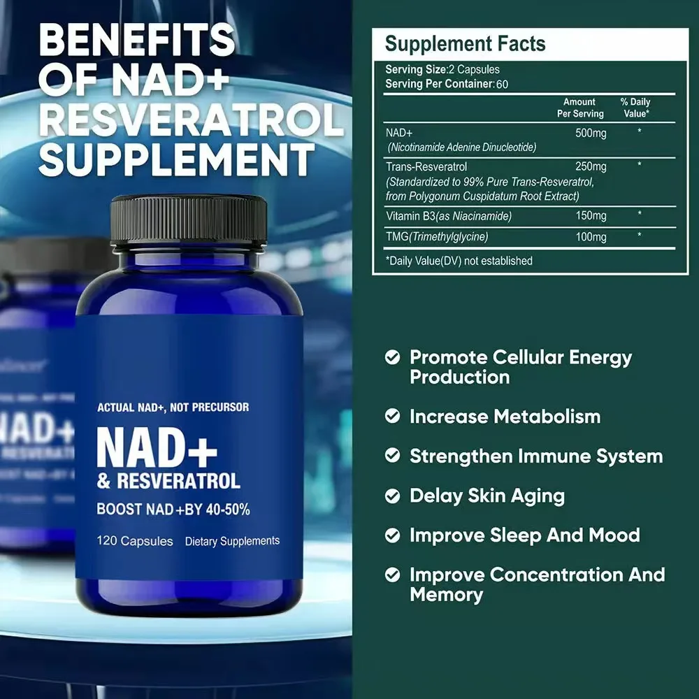 

NAD+ and Resveratrol Supplement Support Cell Regeneration, Natural Energy, Focus and Memory