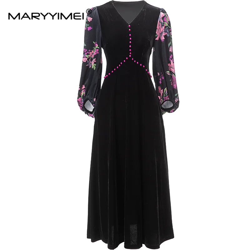 

MARYYIMEI New Fashion Runway Designer Dress Women's V-Neck Puff Sleeves Solid Color Beading Sleeve Printing Slim Midi Dresses